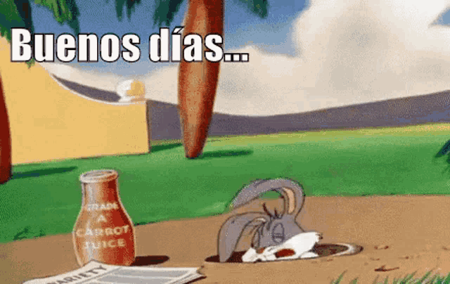 bugs bunny is sticking his head out of a hole next to a bottle of carrot juice and a newspaper .