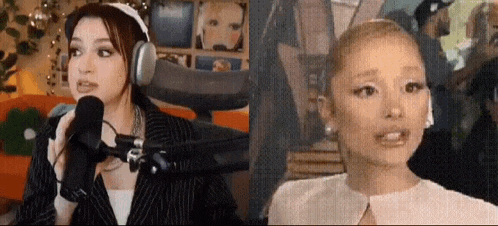 a woman wearing headphones is talking into a microphone next to another woman wearing a white dress