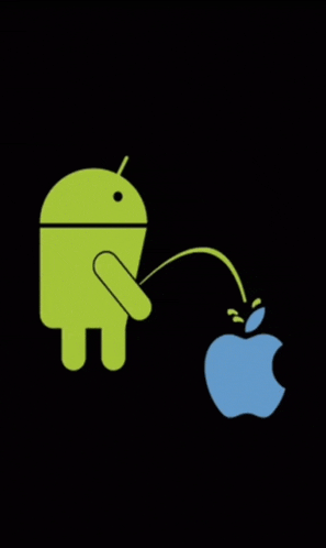 a green android is urinating on an apple