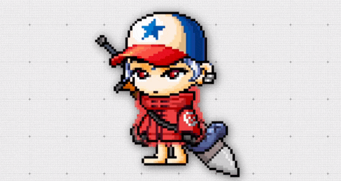 a pixel art drawing of a person with a hat and a pen