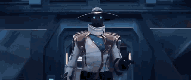 a man in a futuristic suit is standing in a doorway .