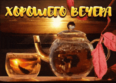 a glass teapot sits next to a cup of tea with the words xopomoeto bevera above it