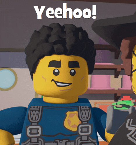a lego character is smiling with the words yeehoo written above him