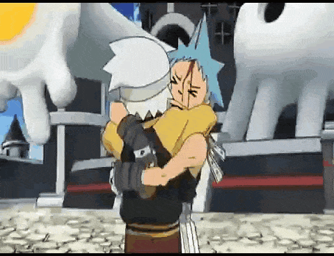 a couple of cartoon characters hugging each other in front of a giant white hand .