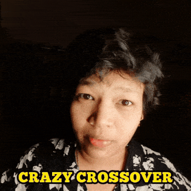 a blurry picture of a woman with the words crazy crossover above her head