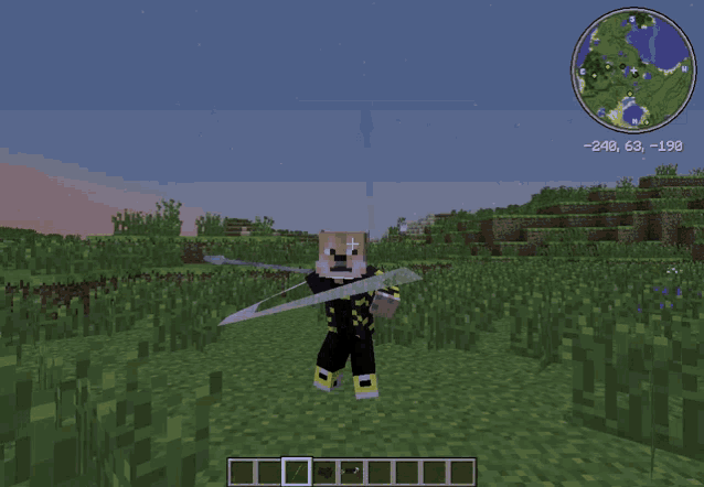 a screenshot of a minecraft game shows a person holding a sword and a map of the world