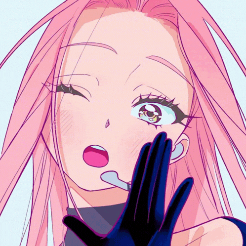 a drawing of a girl with pink hair making a funny face