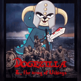a poster for dogzilla and the army of vikings shows a cartoon dog wearing a viking helmet