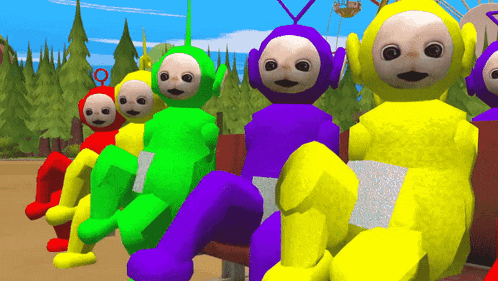 a group of teletubbies sitting on a bench with trees in the background