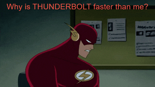 a cartoon of the flash with the words why is thunderbolt faster than me behind him