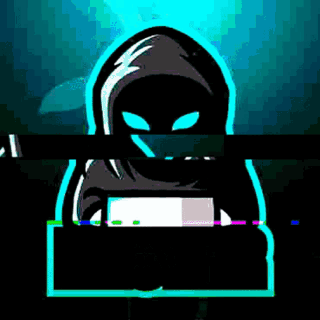 a cartoon of a person in a hood with a glitch effect .