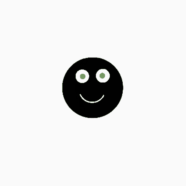 a black smiley face with green eyes and a smile on a white background