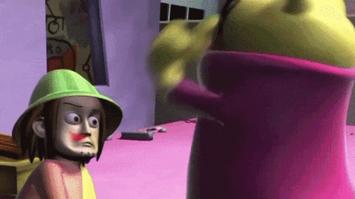 a cartoon character wearing a green hat is standing next to a cartoon character wearing a pink jacket