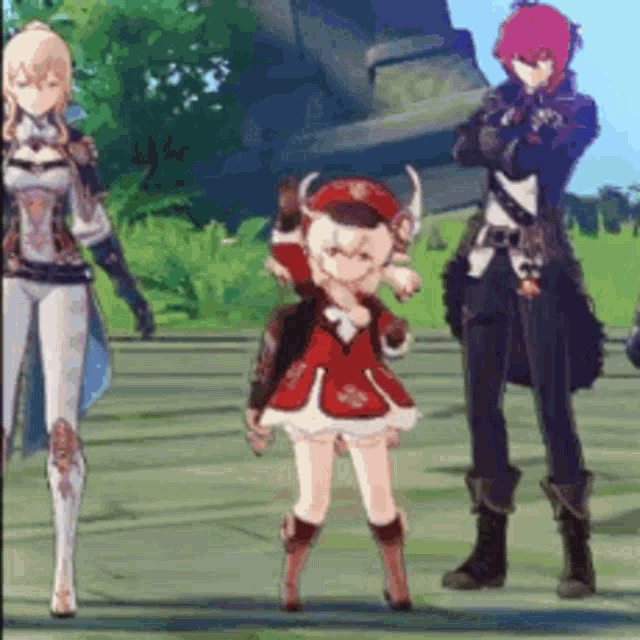 a group of anime characters are standing next to each other in a video game .