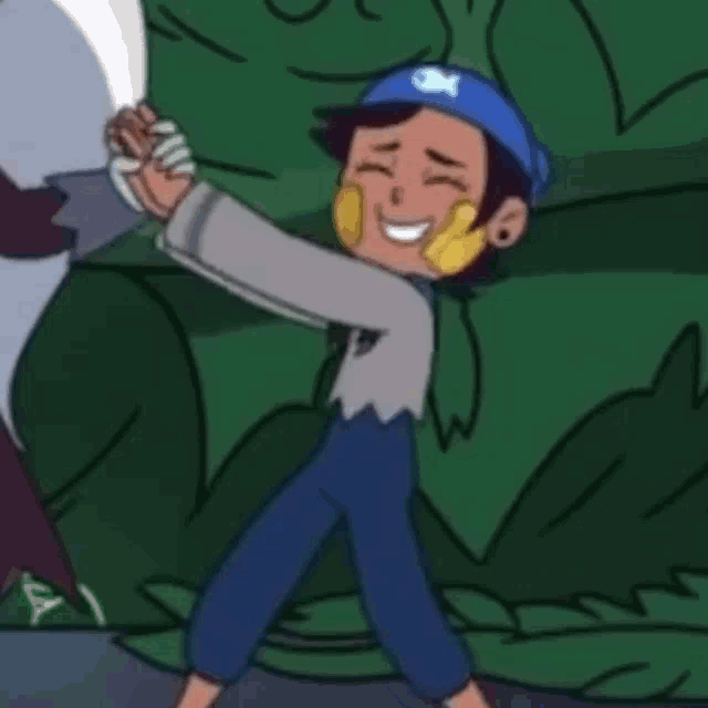 a cartoon character wearing overalls and a blue hat is standing next to a shark and smiling .