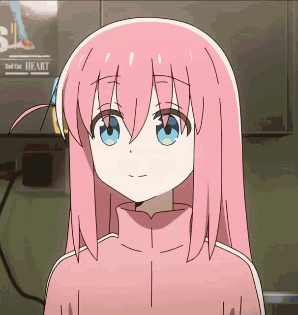 a girl with pink hair and blue eyes is standing in front of a sign that says 2nd cut heart