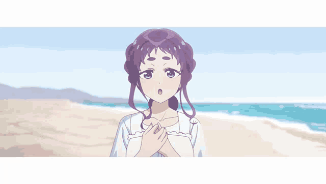 a girl with purple hair is standing on a beach with her hands folded