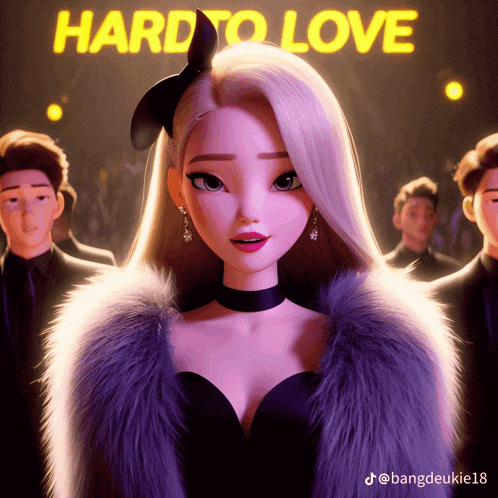 a cartoon girl in a fur coat is standing in front of a sign that says hard to love