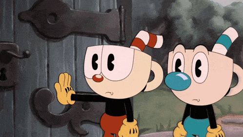 two cuphead characters are standing next to each other looking at a door