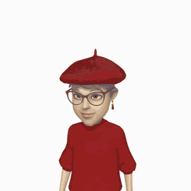 a cartoon character with glasses and a red hat making a heart shape with her hands