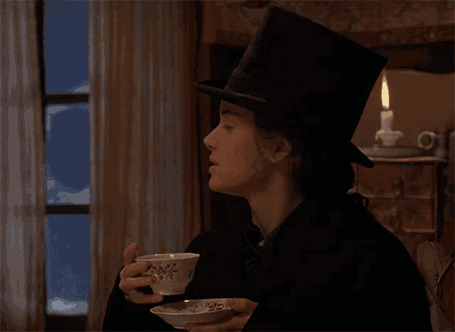 a woman in a top hat is holding a cup of tea and says i would n't marry for the money