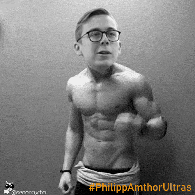 a black and white photo of a shirtless man with the hashtag #philip amthor ultras