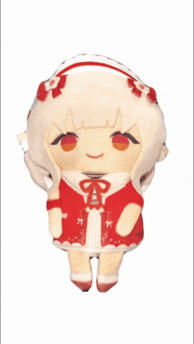 a stuffed doll with white hair and red eyes is wearing a red and white dress