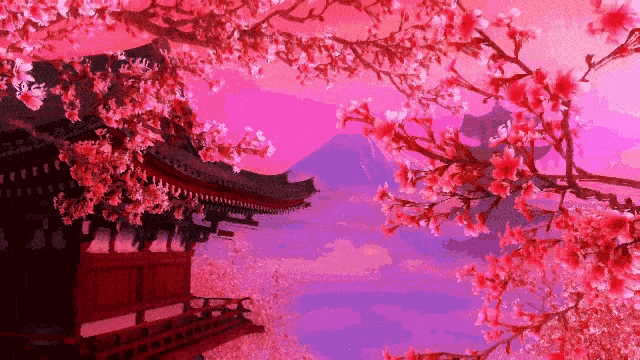a painting of a pagoda with cherry blossoms in front of it