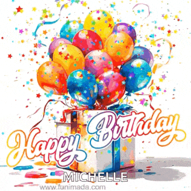 a happy birthday card with balloons and a gift box