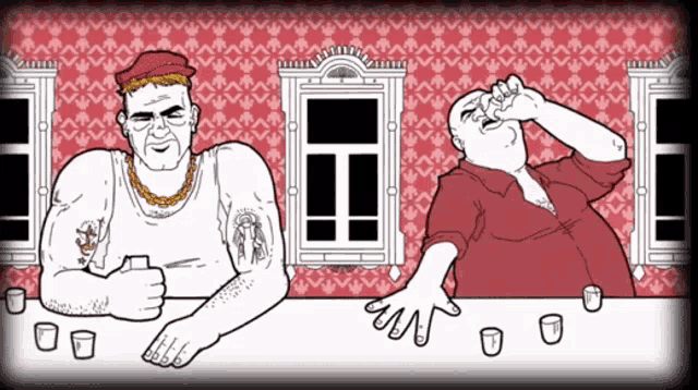 a cartoon of two men sitting at a table with shot glasses on it