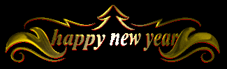 a happy new year sign with gold swirls and a christmas tree on a black background