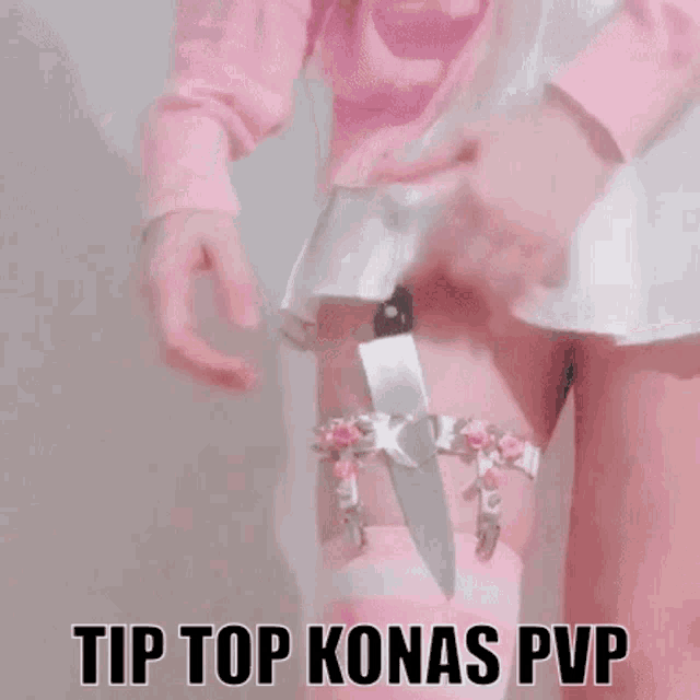 a woman in a pink skirt is holding a knife and the words tip top konas pvp are on the bottom of the image