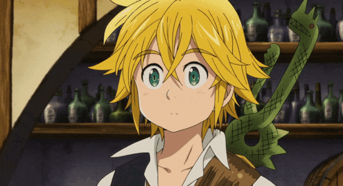 a cartoon character with yellow hair and green eyes stands in front of a shelf full of bottles