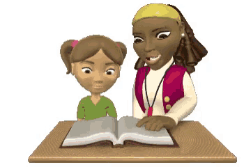 a cartoon of a teacher and a little girl reading a book