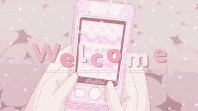 a person holding a pink phone that says welcome on it