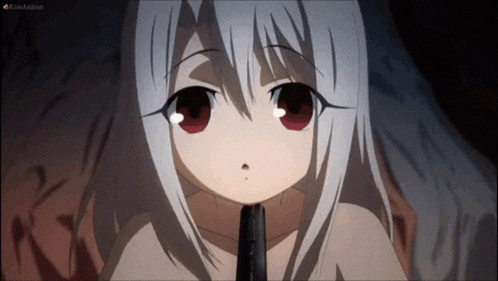 a girl with white hair and red eyes is looking at the camera