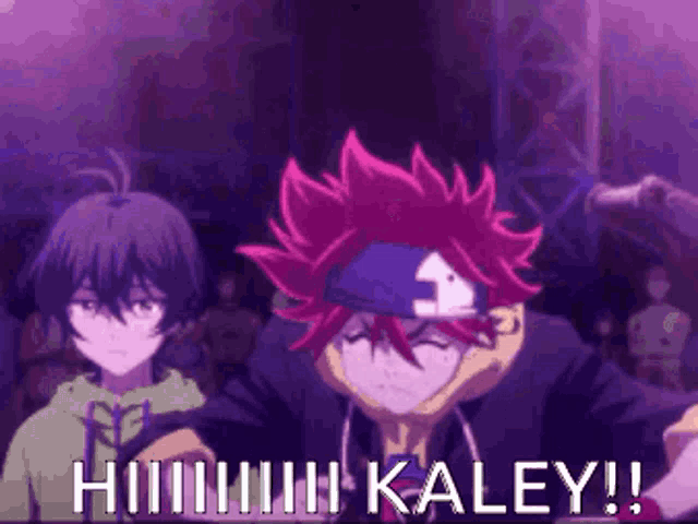 a couple of anime characters are standing next to each other in a purple room .