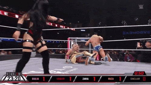 a wrestling match is being shown on a screen that says " deadline "