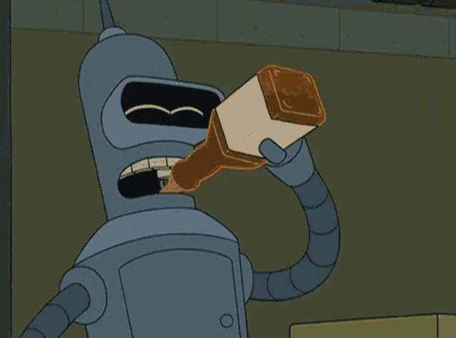 a cartoon robot is drinking from a bottle with a brown label