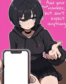 a girl in a black hoodie is pointing at a cell phone with the words add your number but don 't expect anything below her
