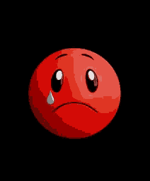 a red smiley face with a tear coming out of it 's eye on a black background .