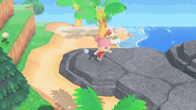 a video game character is standing on a rock near the water