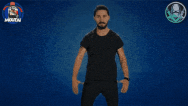a man in a black shirt stands in front of a blue background that says just do it