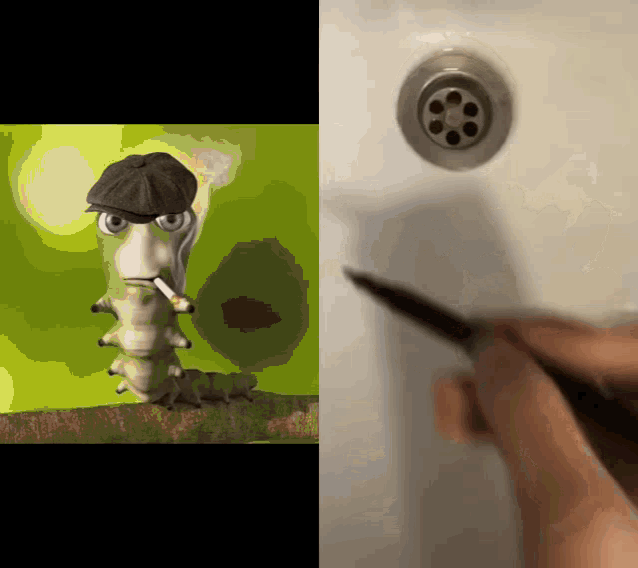 a picture of a caterpillar smoking a cigarette next to a picture of a person cutting it