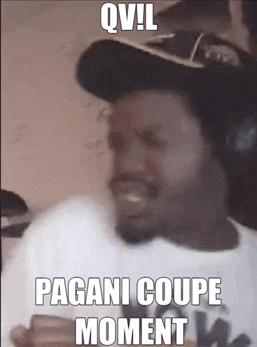 a man wearing a hat and headphones is making a funny face with the words pagani coupe moment written on it .