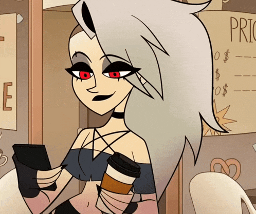 a cartoon character is holding a cup of coffee in front of a price list