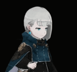 a girl with white hair and blue eyes is wearing a cape