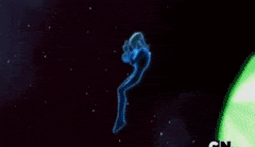 a cartoon character is flying through the air in front of a blue and green light .