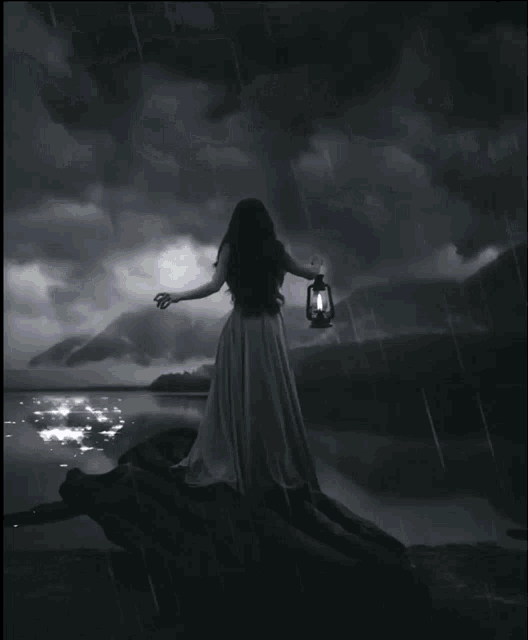a woman holding a lantern in the rain with the words good night written on the bottom