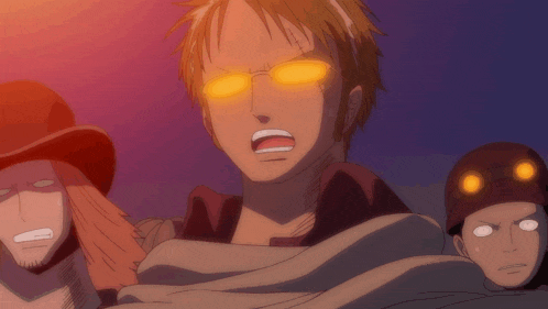 a group of cartoon characters including a man with glowing glasses